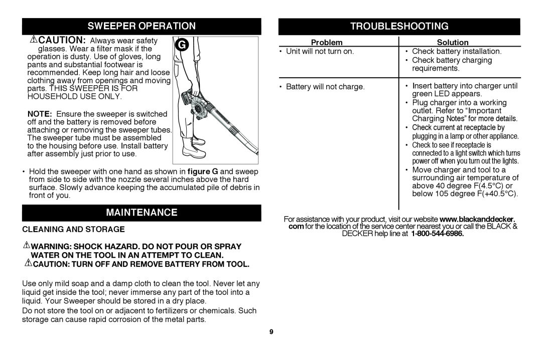 Black & Decker LSW36 instruction manual Sweeper operation, Maintenance, TRoubleshooting 