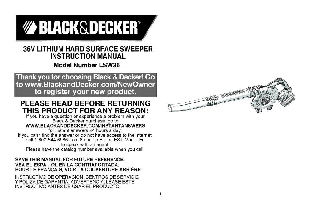 Black & Decker LSW36B manual Save this manual for future reference, VEA EL ESPA-OL EN LA Contraportada 