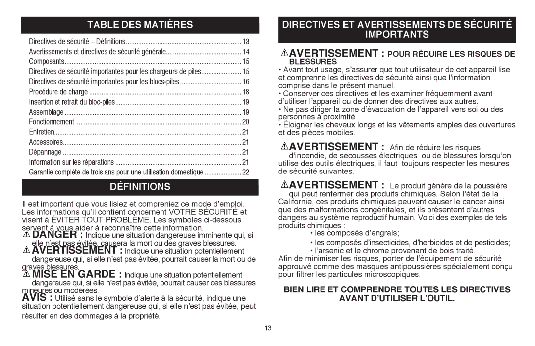 Black & Decker LSW36B manual Table DES Matières, Définitions, Directives ET Avertissements DE Sécurité Importants 