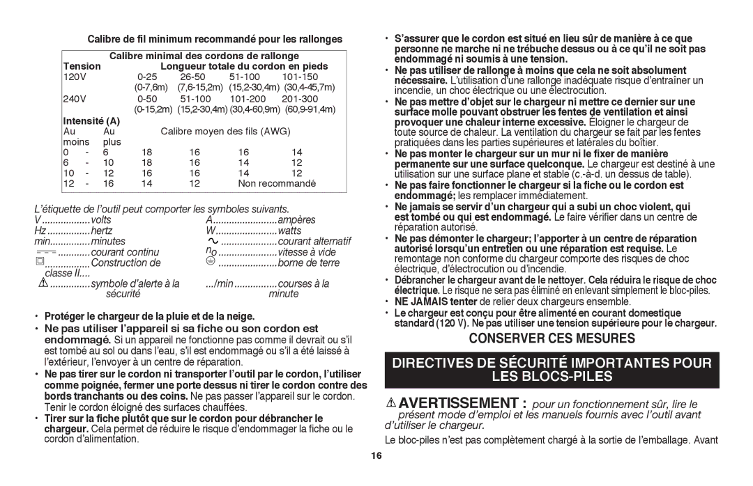 Black & Decker LSW36B manual Directives de sÉcuritÉ importantes pour Les blocs-piles 