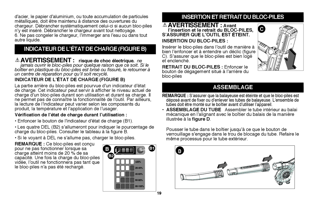 Black & Decker LSW36B manual Indicateur de L’état De charge figure B, Insertion et retrait du bloc-piles, Assemblage 