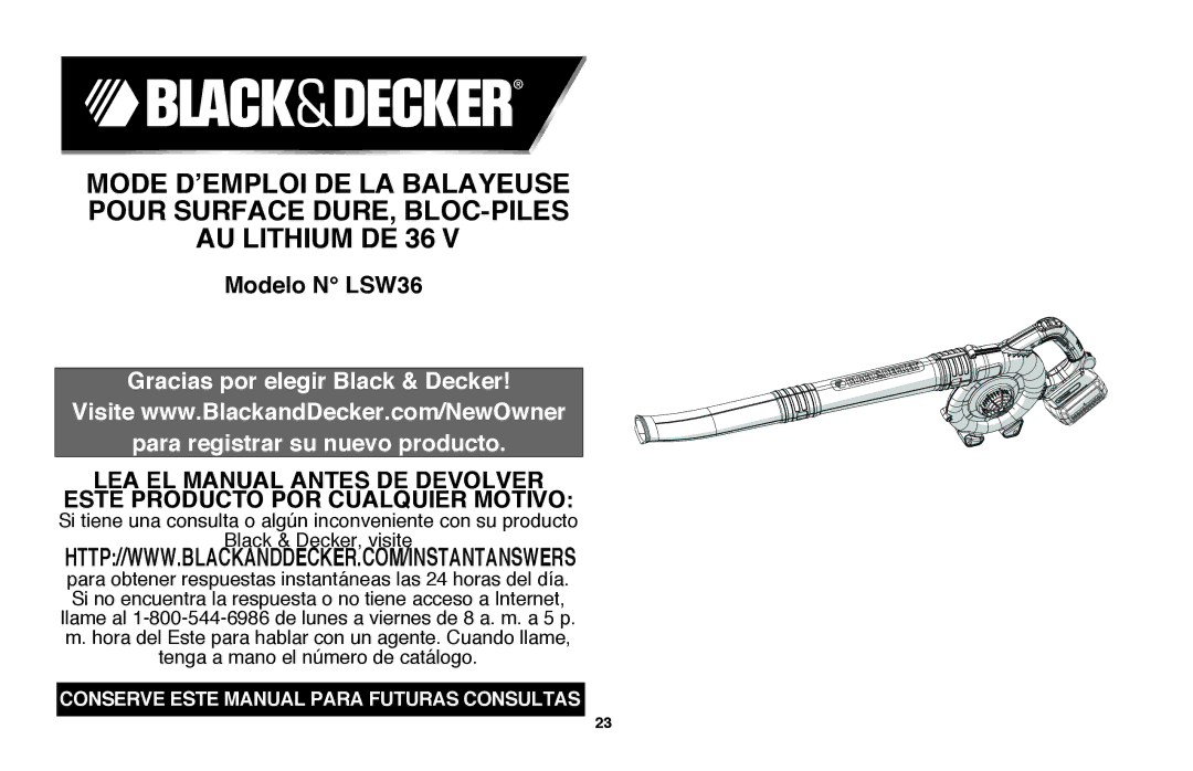 Black & Decker LSW36B manual Modelo N LSW36 