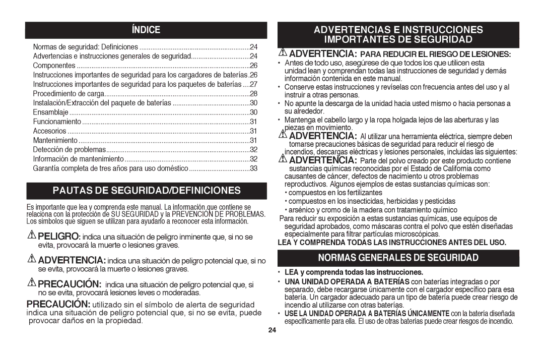 Black & Decker LSW36B Índice, Pautas DE SEGURIDAD/DEFINICIONES, Advertencias E Instrucciones, Importantes DE Seguridad 