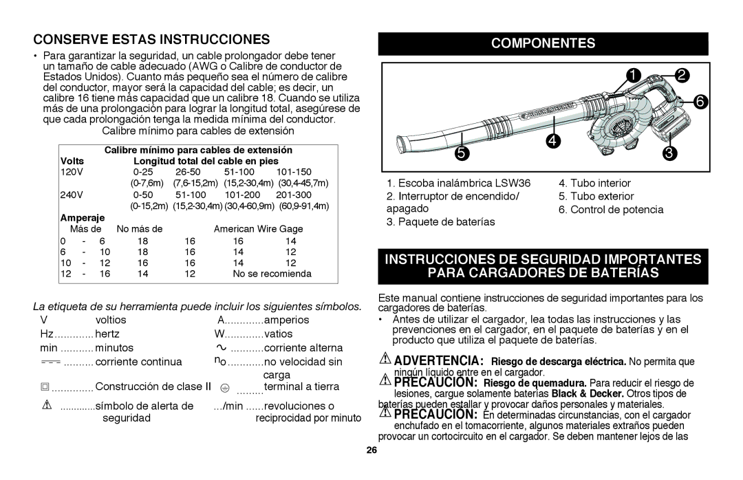 Black & Decker LSW36B manual Componentes 