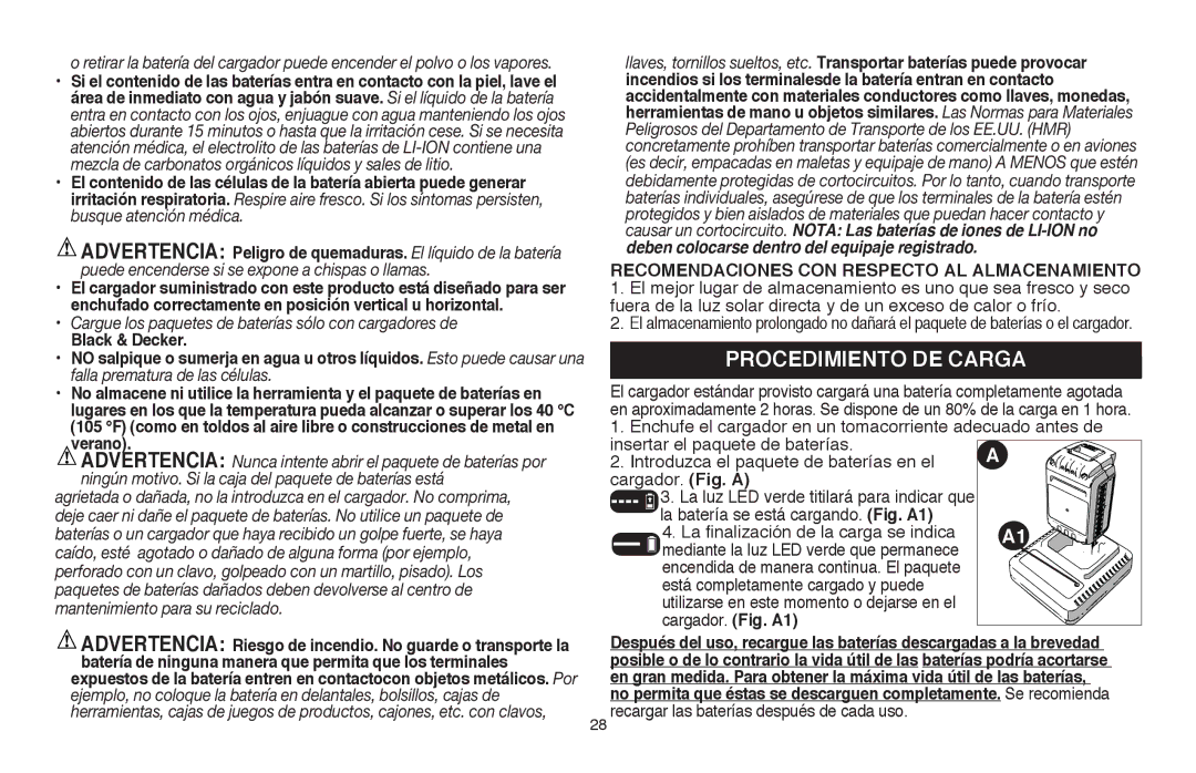 Black & Decker LSW36B Procedimiento de carga, Enchufe el cargador en un tomacorriente adecuado antes de, Cargador. Fig. A1 