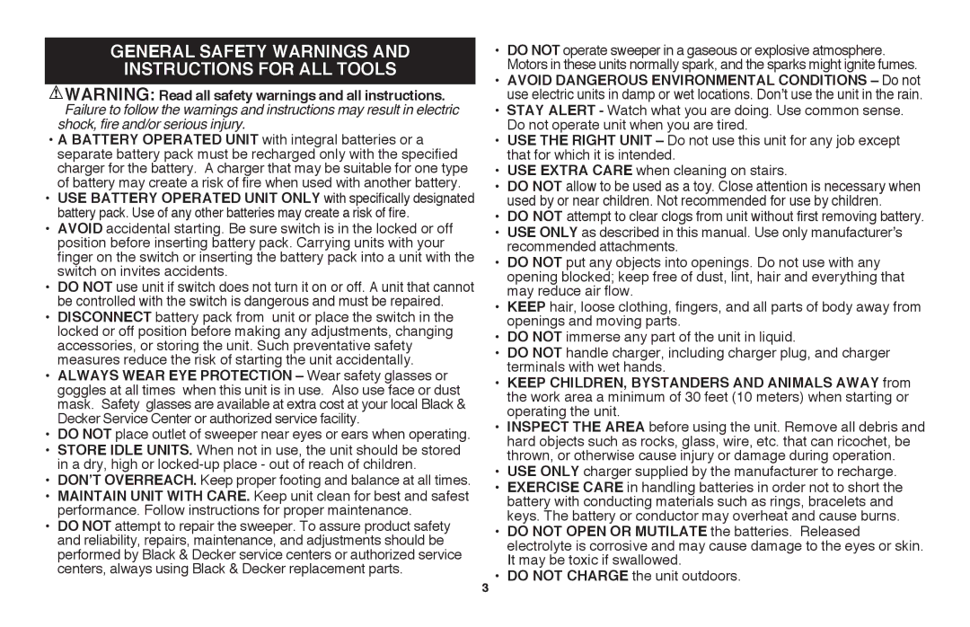 Black & Decker LSW36B manual General safety warnings and instructions for all tools 