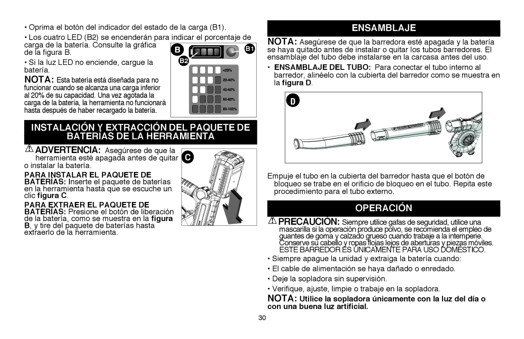 Black & Decker LSW36B manual Instalación y extracción del paquete de, Ensamblaje, Operación 