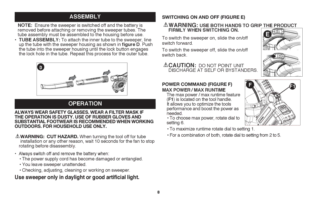 Black & Decker LSW36B manual Assembly, Operation, Switch forward, Switch back Discharge at self or bystanders 