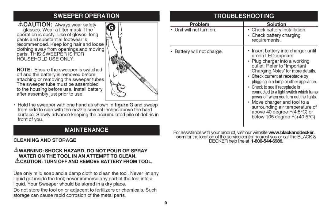 Black & Decker LSW36B manual Sweeper operation, Maintenance, TRoubleshooting, Cleaning and Storage, Problem Solution 