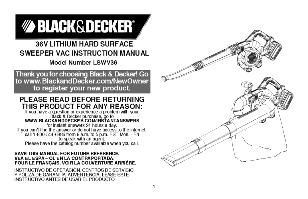 Black & Decker LSWV36R manual Save this manual for future reference, VEA EL ESPA-OL EN LA Contraportada 