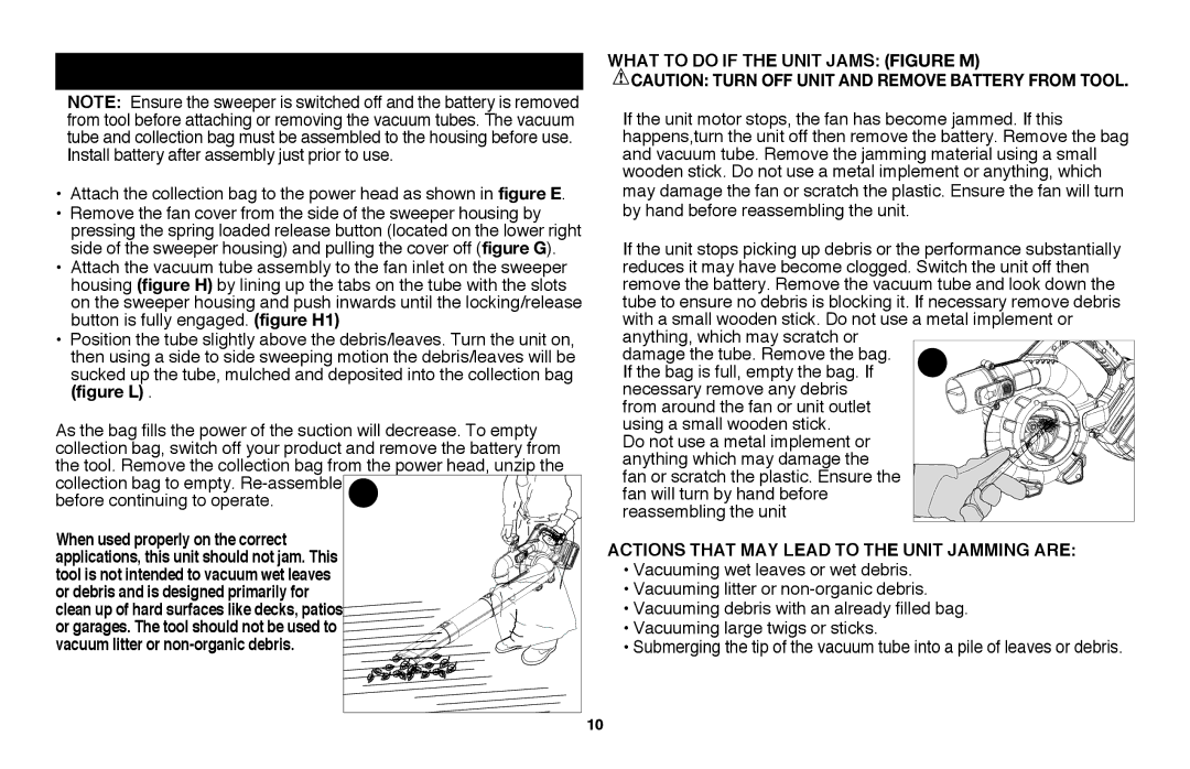 Black & Decker LSWV36R manual VacUUM operation, What to do if the unit jams Figure M 