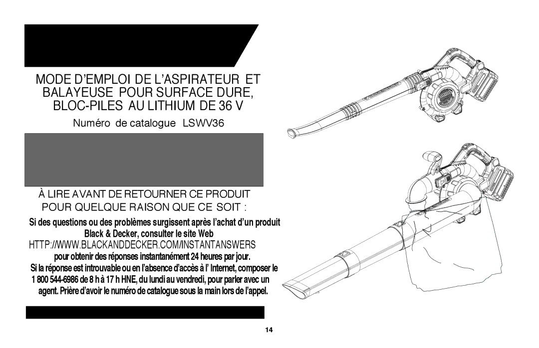 Black & Decker LSWV36R manual Numéro de catalogue LSWV36 