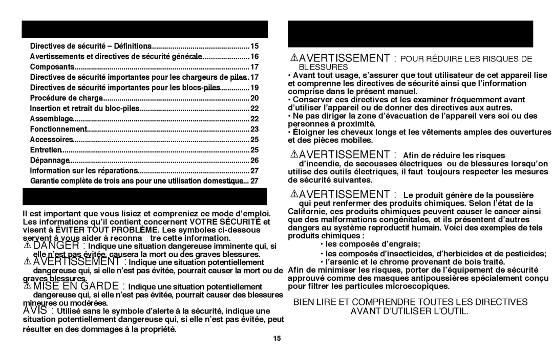 Black & Decker LSWV36R manual Table DES Matières, Définitions, Directives ET Avertissements DE Sécurité Importants 