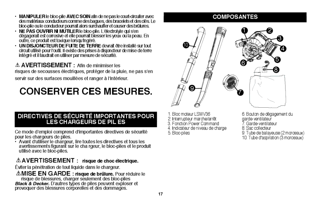 Black & Decker LSWV36R manual Composantes, Avertissement risque de choc électrique 