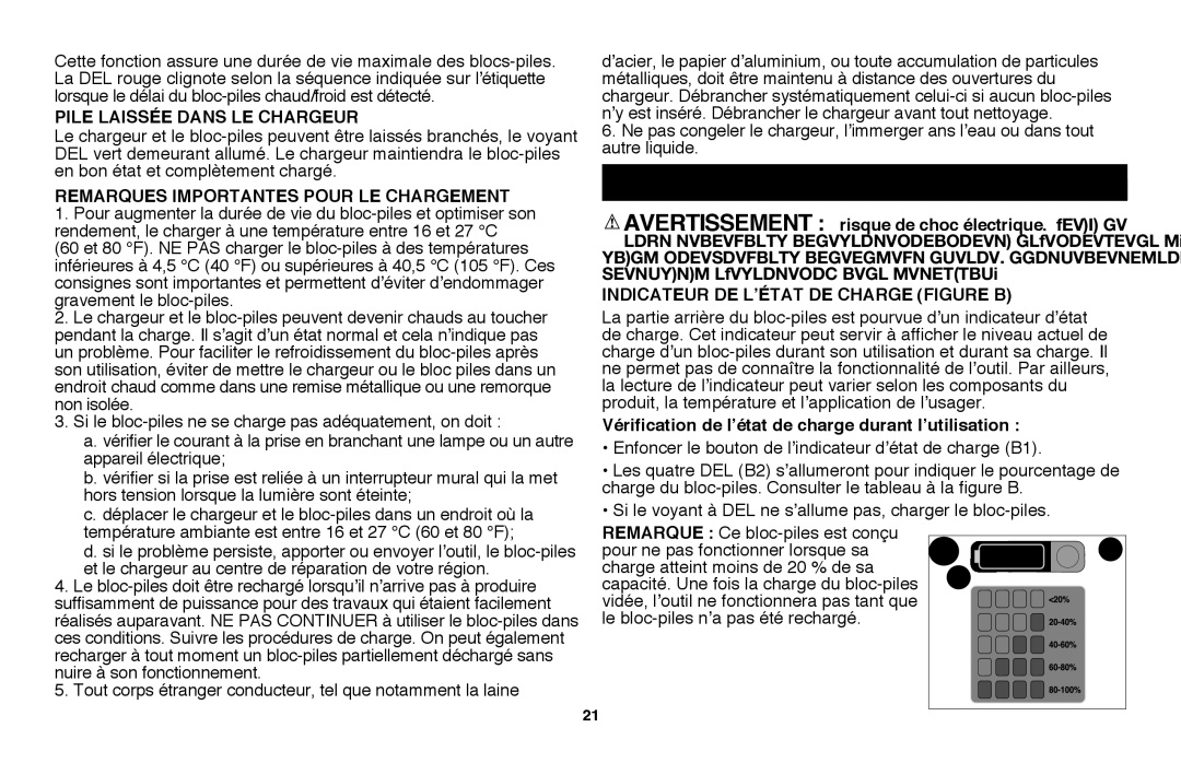 Black & Decker LSWV36R manual Indicateur de L’état De charge figure B, Pile laissée dans le chargeur 