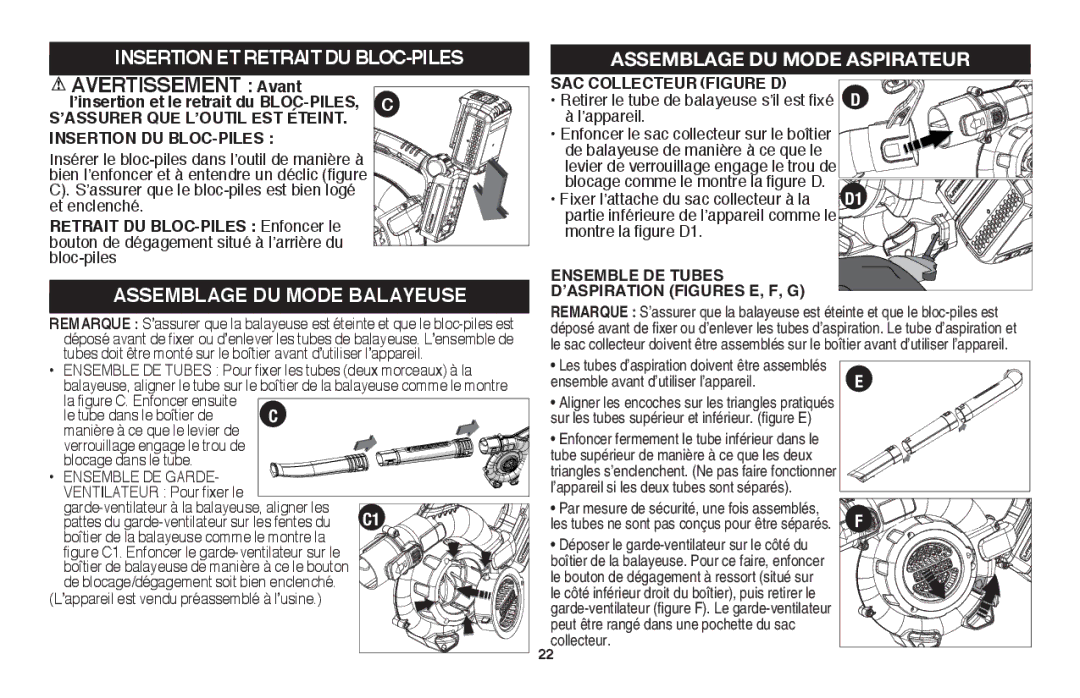 Black & Decker LSWV36R manual Insertion et retrait du bloc-piles, Assemblage DU Mode Balayeuse, Insertion DU BLOC-PILES 