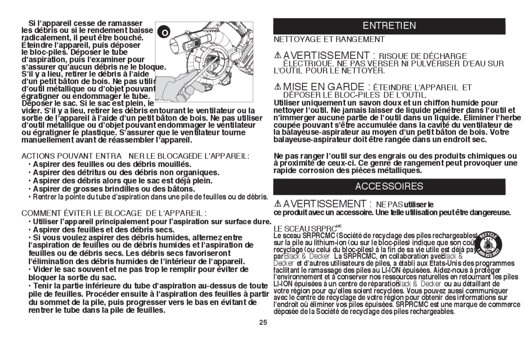 Black & Decker LSWV36 manual Entretien, Accessoires, Actions Pouvant Entraîner LE Blocage DE L’APPAREIL, Le sceau Srprcmc 