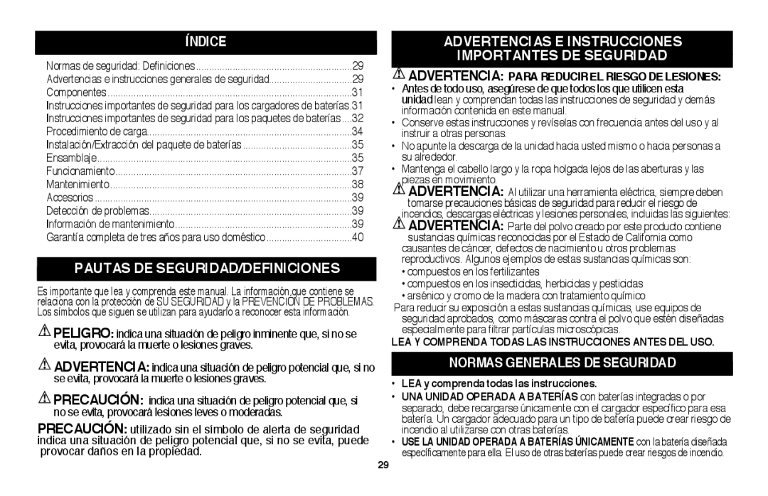 Black & Decker LSWV36 Índice, Pautas DE SEGURIDAD/DEFINICIONES, Advertencias E Instrucciones, Importantes DE Seguridad 