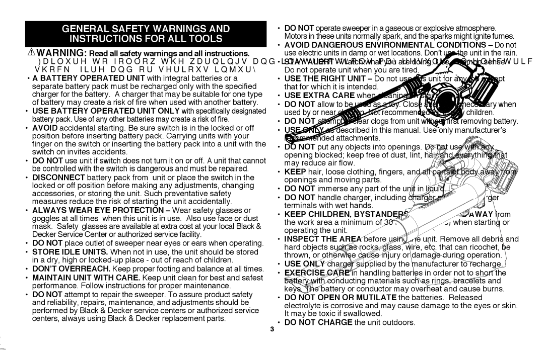 Black & Decker LSWV36R manual General safety warnings and instructions for all tools 