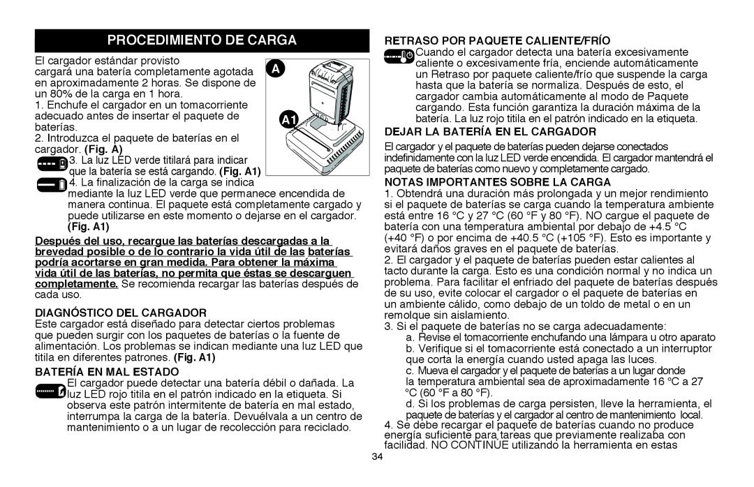 Black & Decker LSWV36R manual Procedimiento de carga, Batería en mal estado, Retraso por paquete caliente/frío 