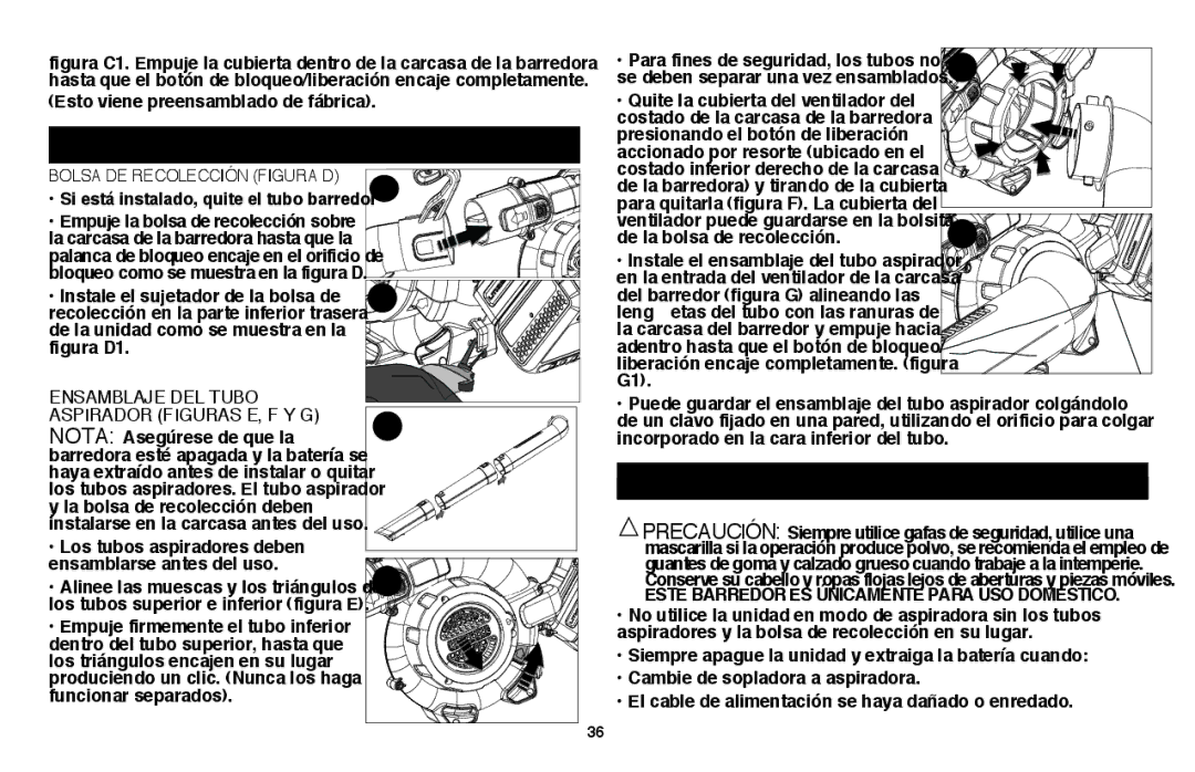 Black & Decker LSWV36R manual Ensamblaje EN Modo DE Aspiradora, Operación, Bolsa DE Recolección Figura D 