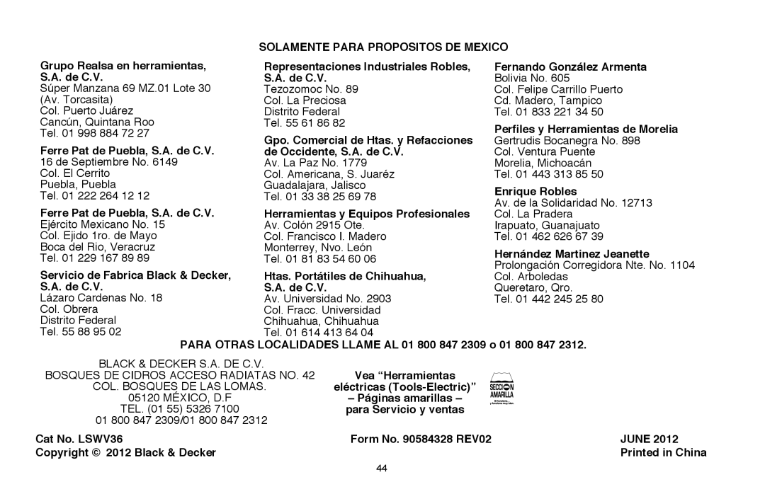 Black & Decker LSWV36R manual Solamente Para Propositos DE Mexico 