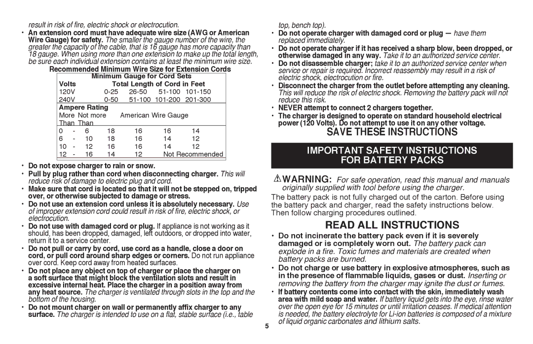 Black & Decker LSWV36 Important safety instructions For battery Packs, Recommended Minimum Wire Size for Extension Cords 