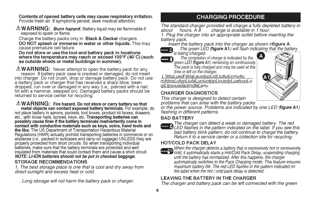 Black & Decker LSWV36R manual Charging Procedure, Charger Diagnostics, Bad battery, Hot/Cold pack delay 