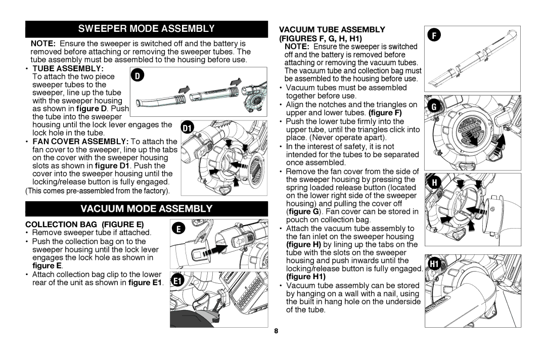 Black & Decker LSWV36R manual Sweeper Mode assembly, Tube assembly, Fan Cover assembly To attach 