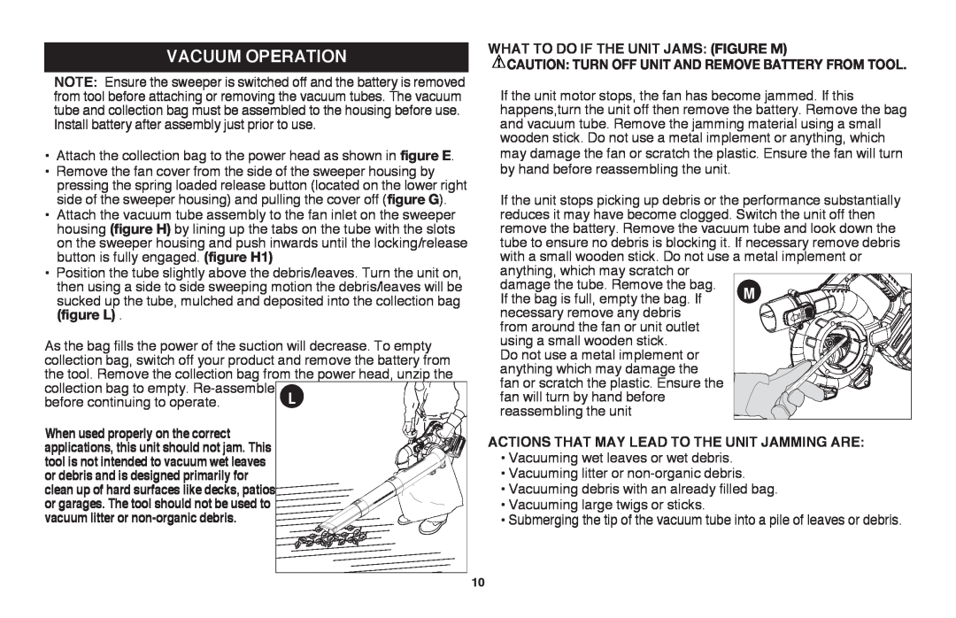 Black & Decker LSWV36R manual VacUUM operation, figure L, What to do if the unit jams: FIGURE M 