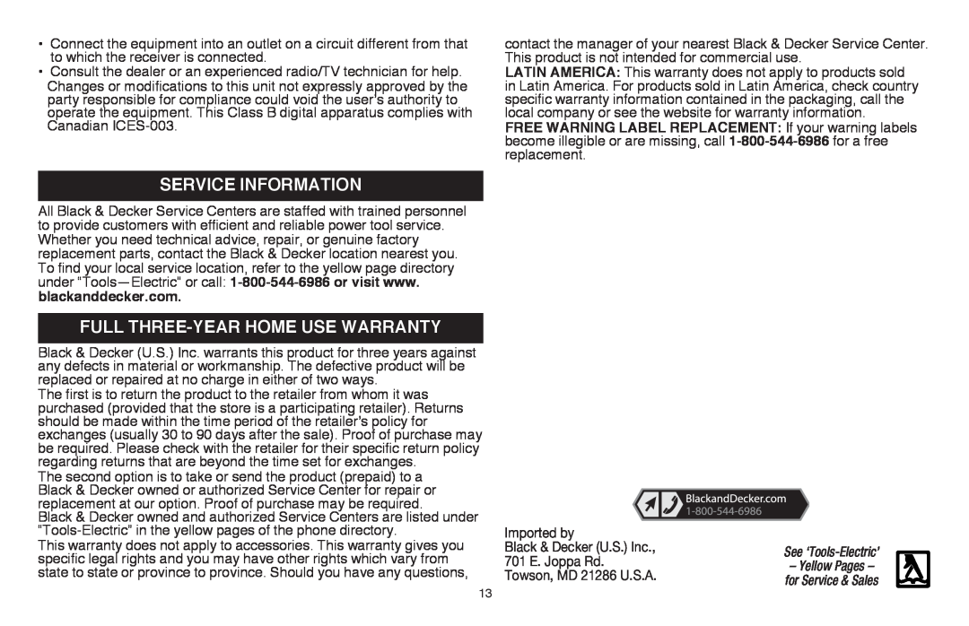 Black & Decker LSWV36R manual Service Information, Full Three-YearHome Use Warranty, Imported by 