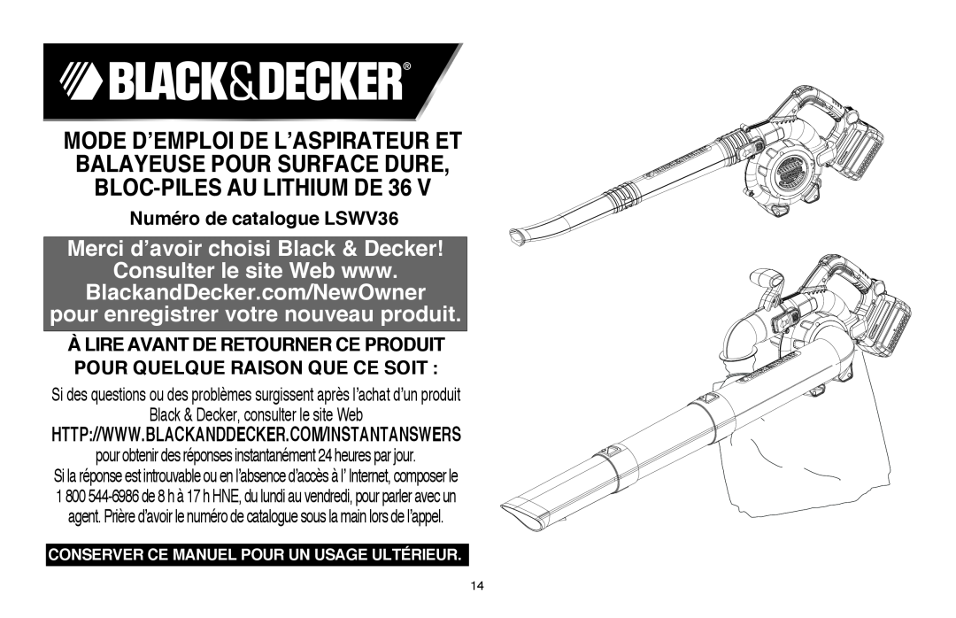 Black & Decker LSWV36R manual Numéro de catalogue LSWV36, Merci d’avoir choisi Black & Decker, Consulter le site Web www 