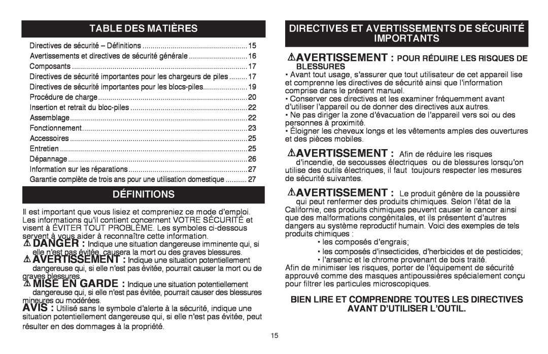Black & Decker LSWV36R manual Table Des Matières, Définitions, Directives Et Avertissements De Sécurité, Importants 
