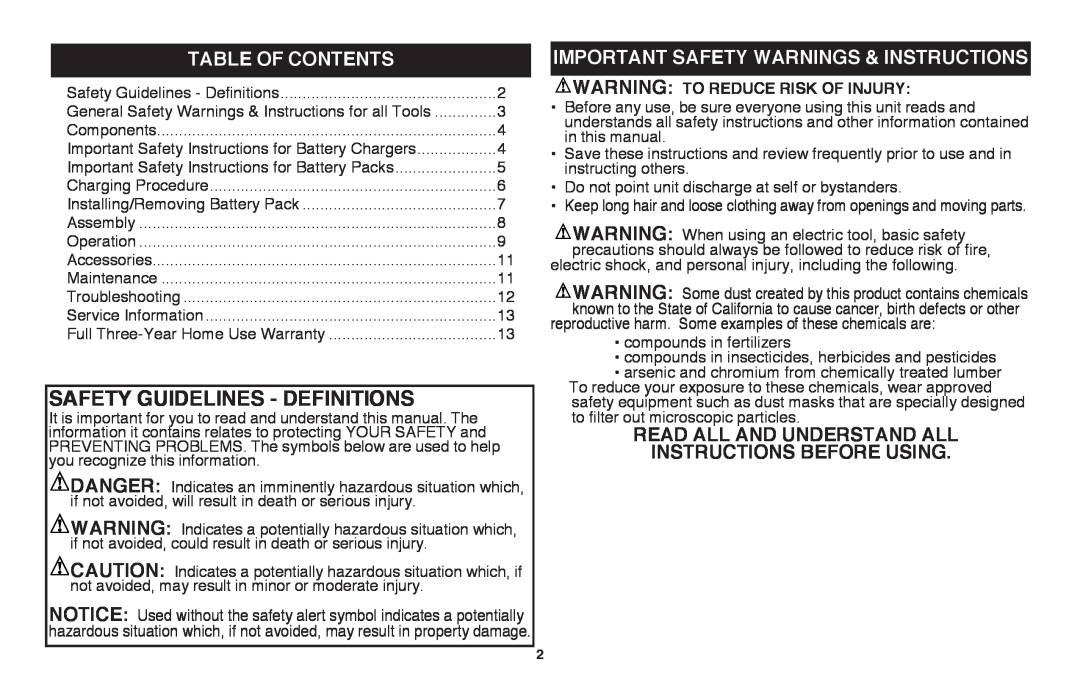 Black & Decker LSWV36R manual Safety Guidelines - Definitions, Table of Contents, important Safety warnings & instructions 