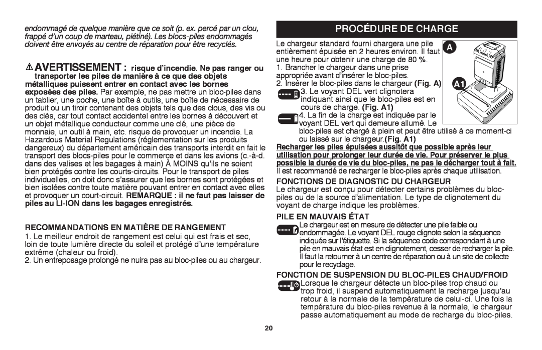Black & Decker LSWV36R Procédure de charge, Recommandations en matière de rangement, Fonctions de diagnostic du chargeur 