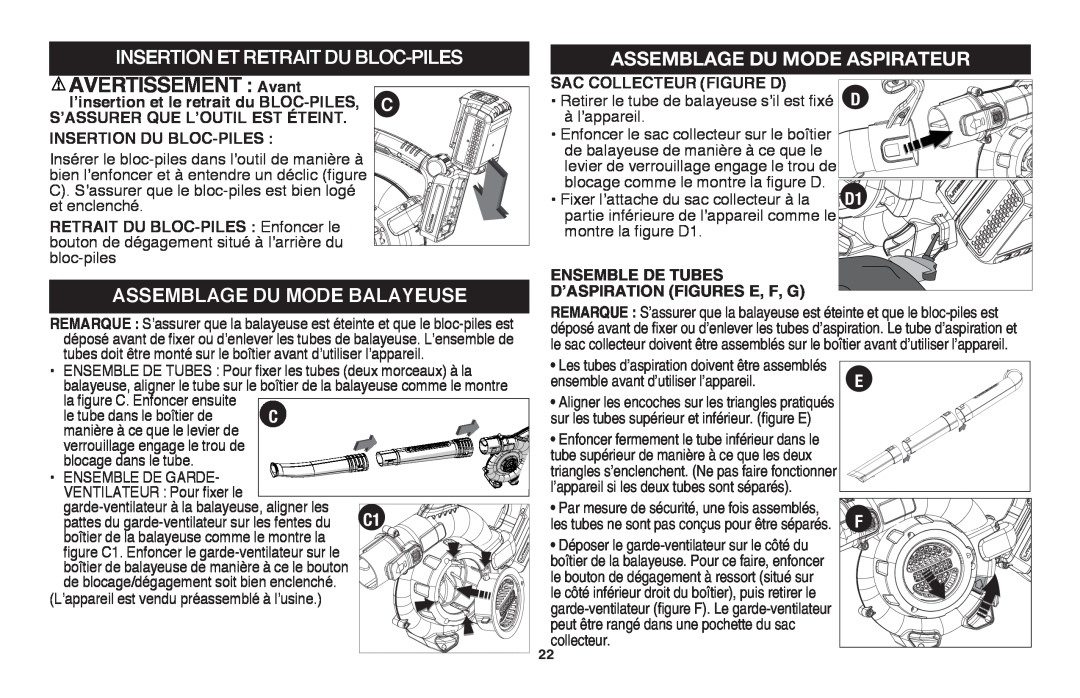 Black & Decker LSWV36R manual AVERTISSEMENT : Avant, Insertion et retrait du bloc-piles, Assemblage Du Mode Balayeuse 