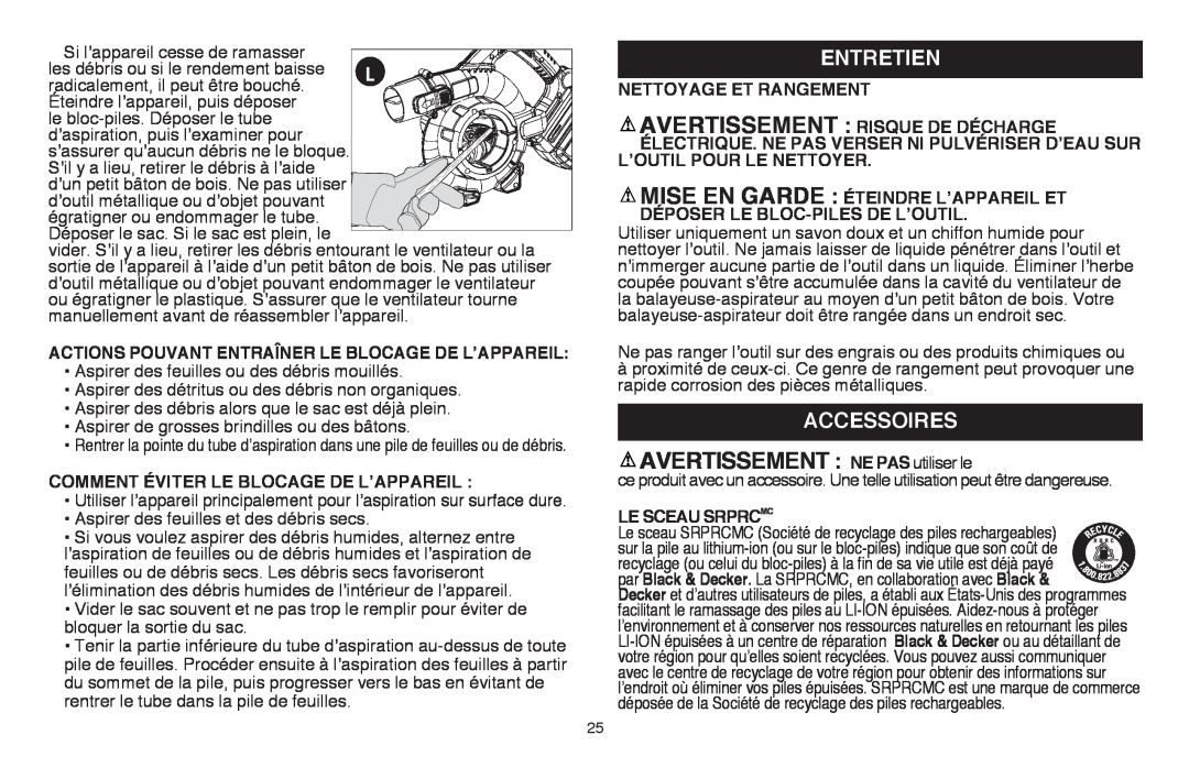 Black & Decker LSWV36 AVERTISSEMENT : NE PAS utiliser le, Entretien, Accessoires, Comment Éviter Le Blocage De L’Appareil 