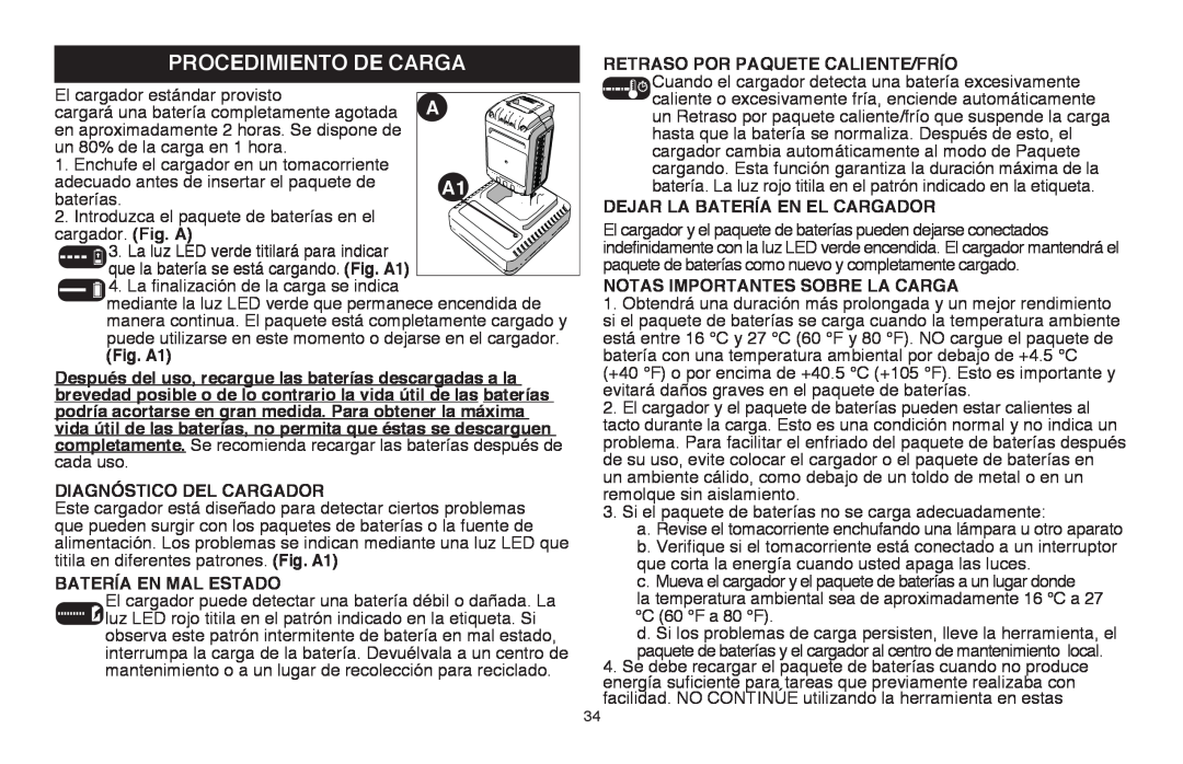 Black & Decker LSWV36R manual Procedimiento de carga, Fig. A1, Diagnóstico del cargador, Batería en mal estado 