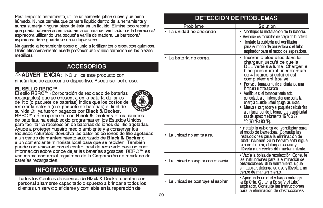 Black & Decker LSWV36R manual Accesorios, Información de mantenimiento, Detección de problemas, El sello RBRC 