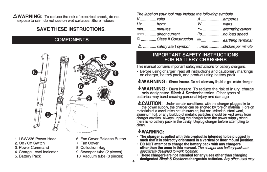 Black & Decker LSWV36R manual Save These Instructions, components, important safety instructions, for battery chargers 