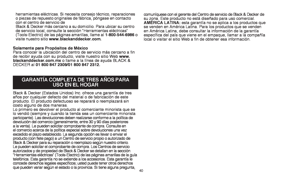 Black & Decker LSWV36R manual Garantía completa de tres años para, uso en el hogar, Solamente para Propósitos de México 