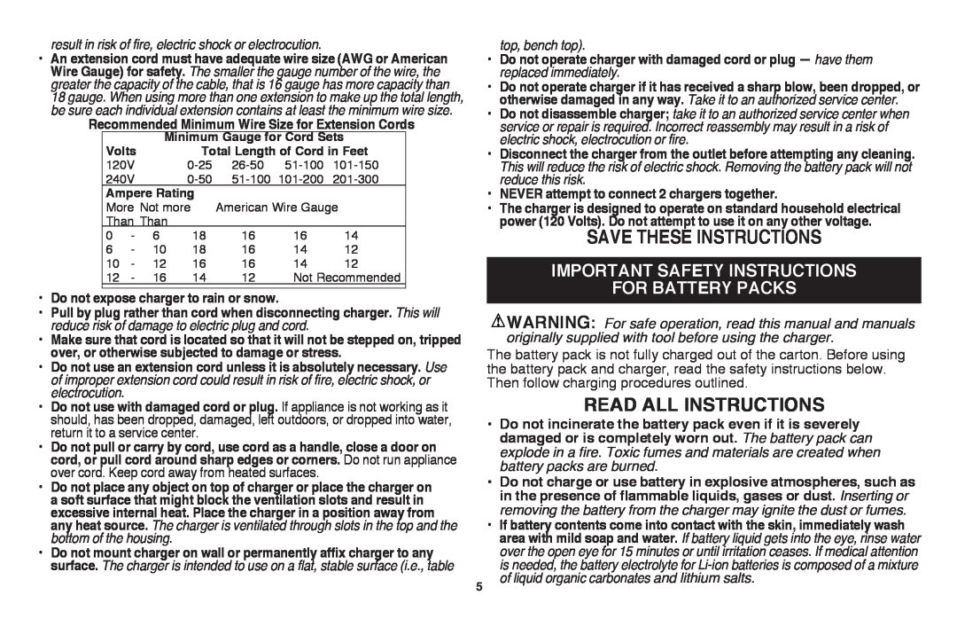 Black & Decker LSWV36 Save These Instructions, Read all Instructions, important safety instructions for battery PACKS 