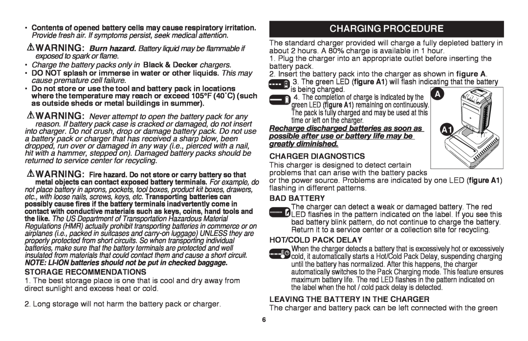 Black & Decker LSWV36R manual Charging Procedure, Recharge discharged batteries as soon as, greatly diminished, Bad battery 
