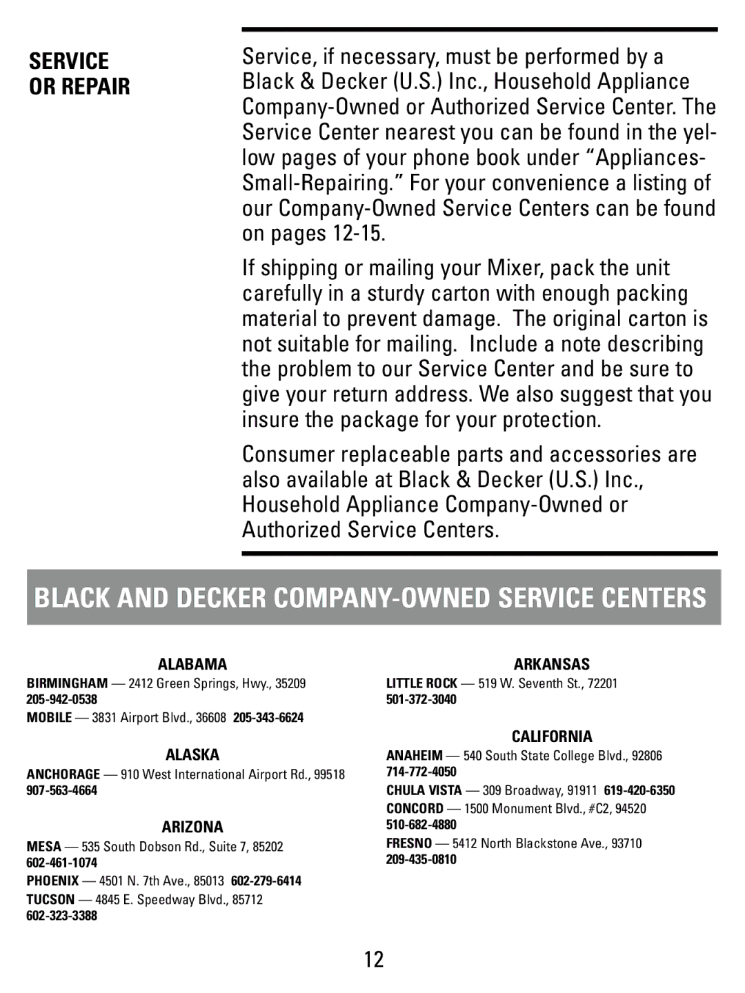 Black & Decker M175W manual Arkansas, California 