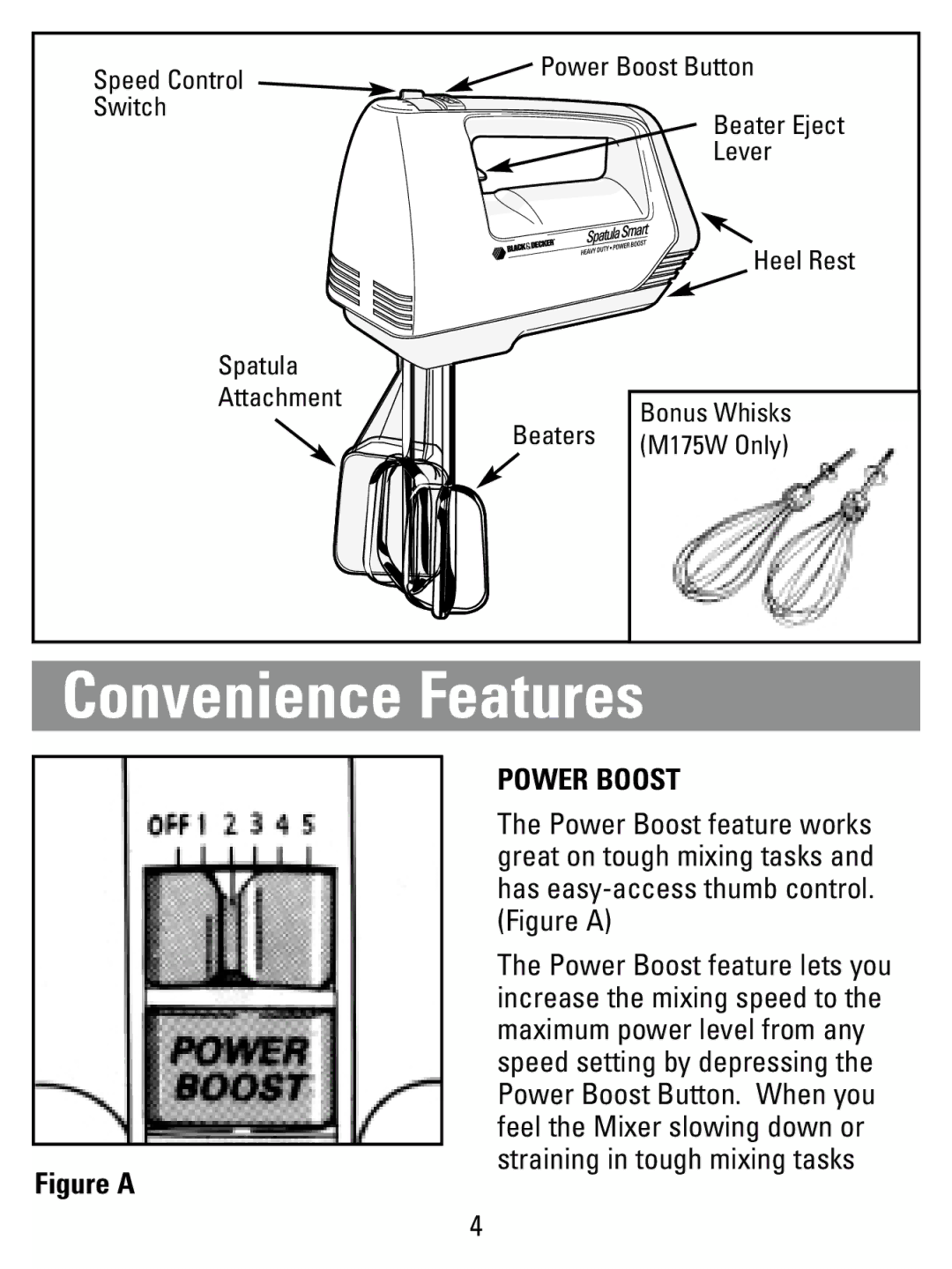 Black & Decker M175W manual Convenience Features, Power Boost 