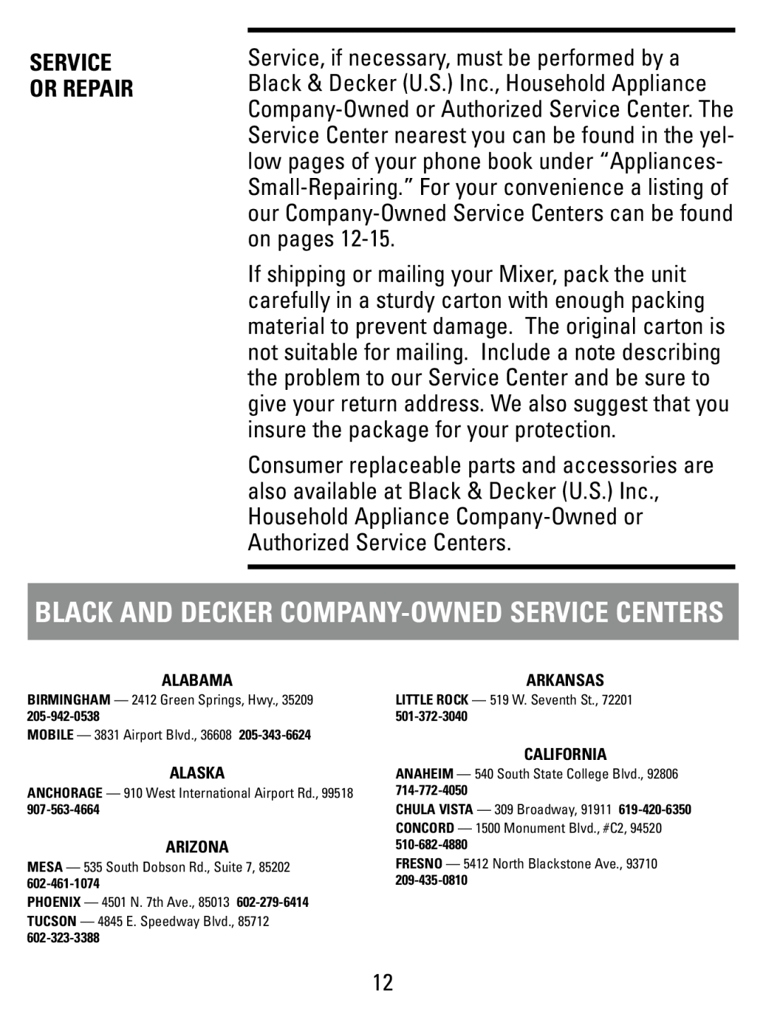 Black & Decker M175W manual Black And Decker Company-Ownedservice Centers, Service Or Repair 