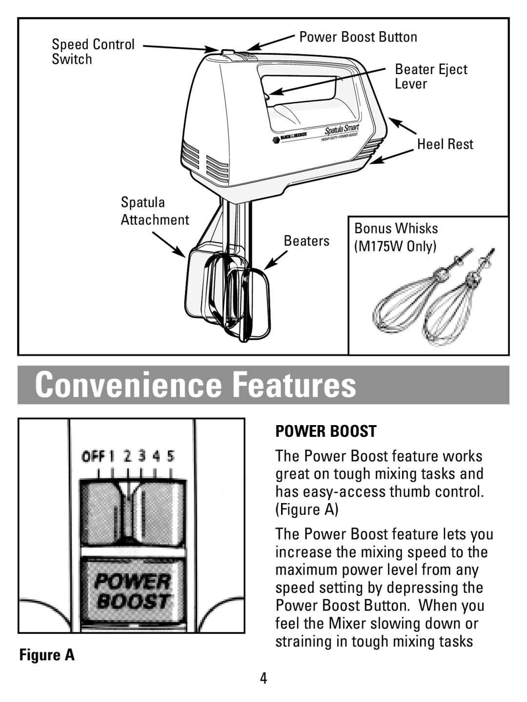 Black & Decker M175W manual Convenience Features, Power Boost, Figure A 
