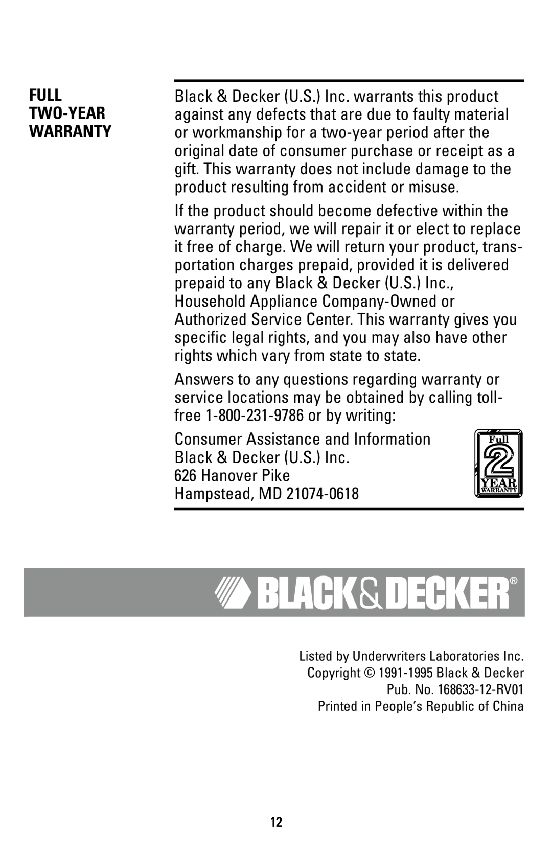 Black & Decker M200P, M205S manual Hampstead, MD 
