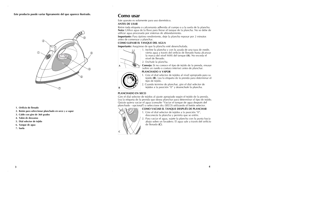 Black & Decker M205 manual Antes DE Usar, Como Llenar EL Tanque DEL Agua, Planchado a Vapor, Planchado EN Seco 