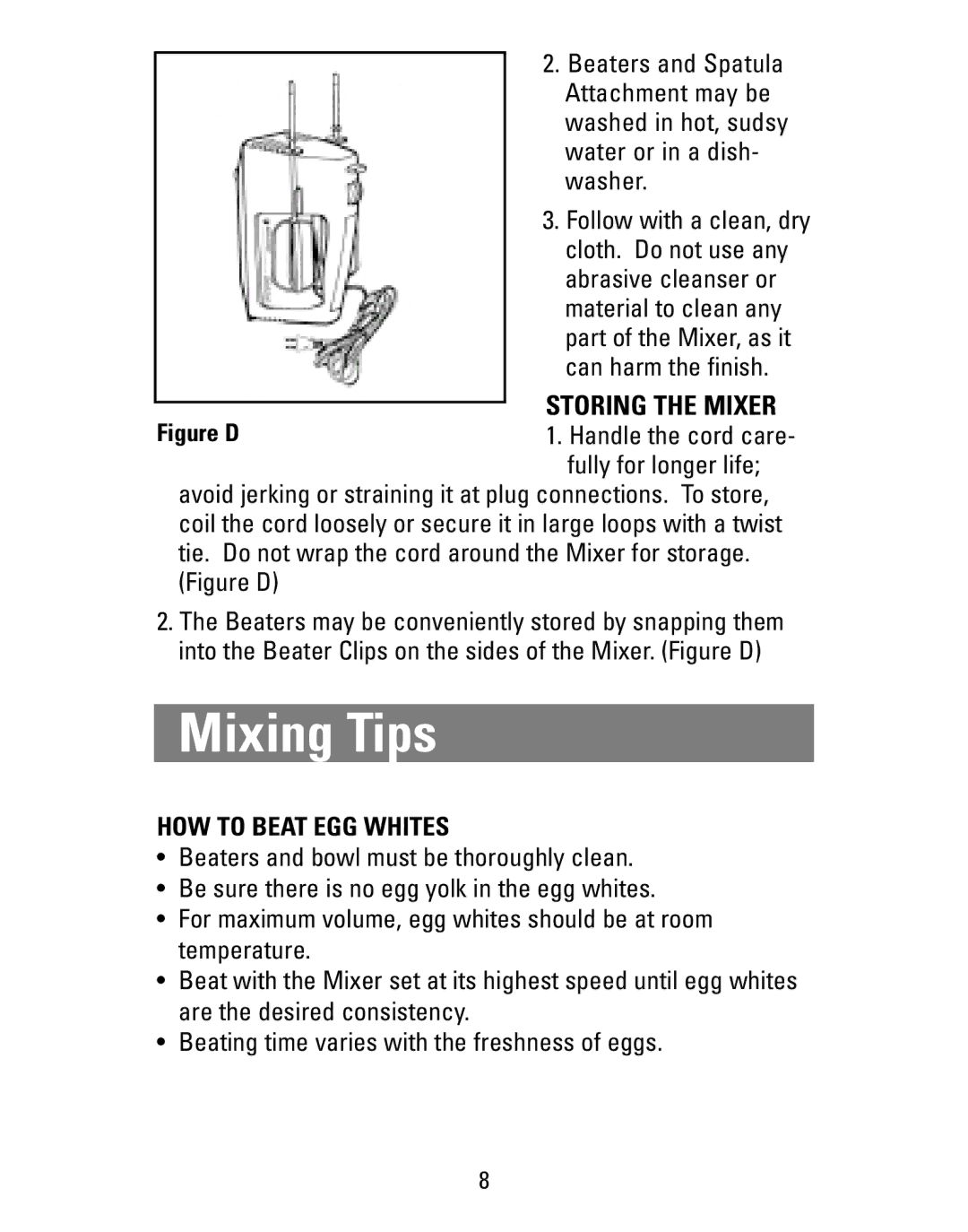 Black & Decker M24S, M22S manual Mixing Tips, Storing the Mixer 